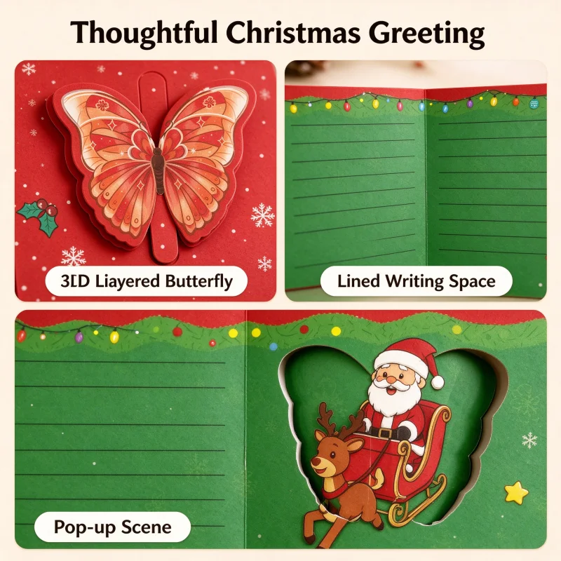 3D Pop-up Christmas Greeting Card Tri-fold Holiday Butterfly 2 Designs Mixed Pack Xmas Gift for Kids