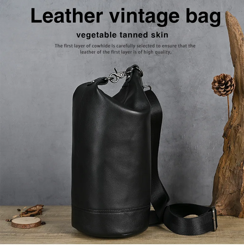 Men's Casual Shoulder Messenger Bag Personalized First Layer Cowhide Leather Original Design Versatile Cylinder Bag