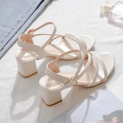 Woman Shoes Open Toe White With Medium Heels For Office Work Leather Sandals Women Anti Slip Hot Summer 2024 Offers Vip Footwear