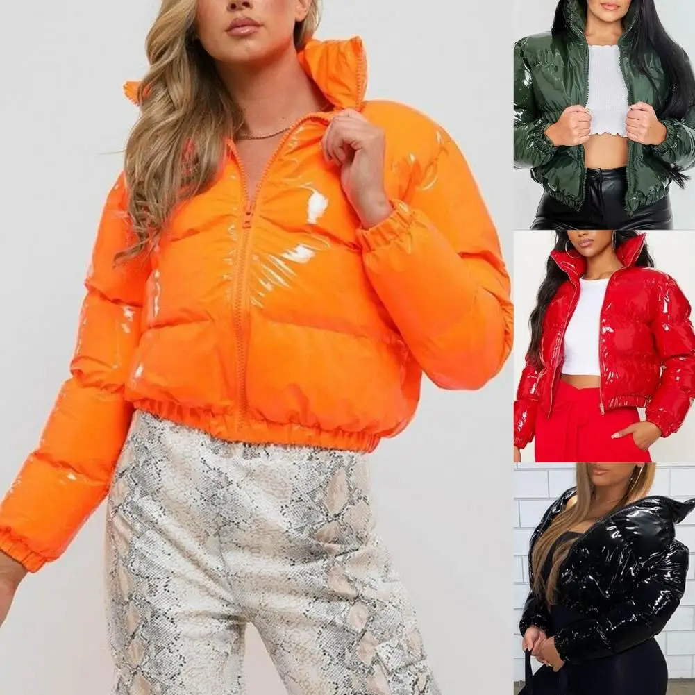 

Cotton Jacket Bright Surface Smooth Zipper Autumn Winter Solid Color Stand Collar Quilted Coat For Daily Wear Woman Clothing