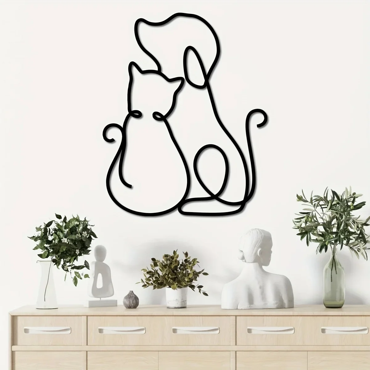 2D 1pc Minimalist Abstract Metal Pet Wall Art,  Metal Modern Line Drawing Dog and Cat Sculpture, Decorative Iron Mural