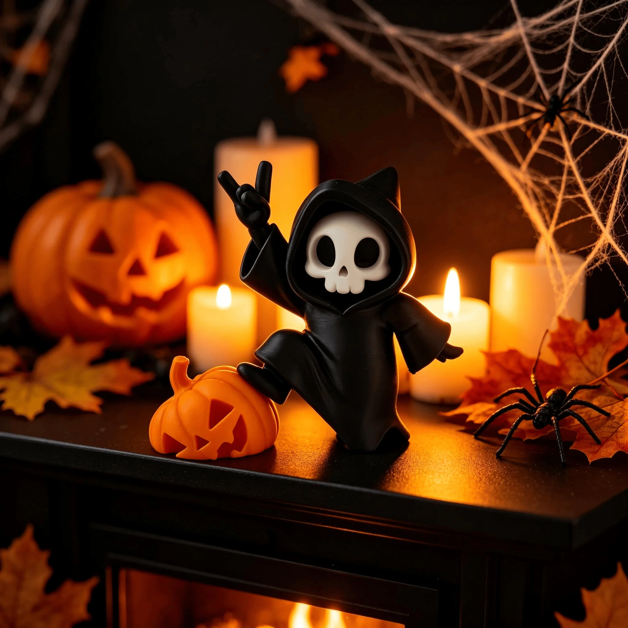 Cute Peace Gesture Grim Reaper Halloween Pumpkin Desktop Decor Figurine