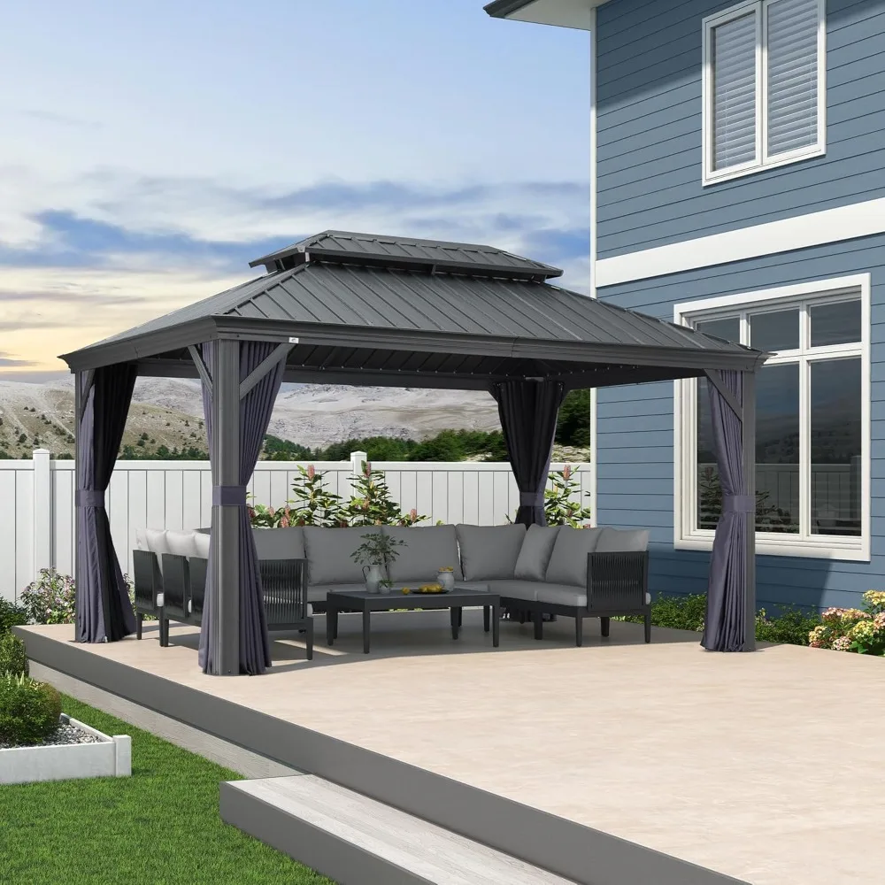 10' X 14' Hardtop Gazebo Aluminum Gazebo with Galvanized Steel Double Roof for Backyard Patio Lawn and Garden Curtains and