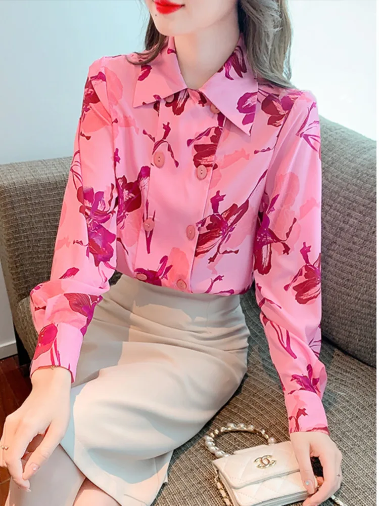 #3139 Pink Chffion Shirts Women Double Breasted Office Shirt Long Sleeve Vintage Printed Ladies Tops And Blouses Spring Autumn