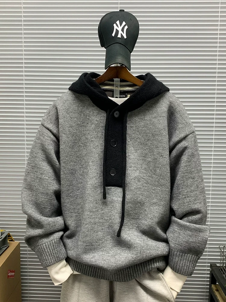 Trendy Patchwork Color Block Hoodie Men's Loose Casual Warm Lazy Style Knitted Sweater Coat Autumn Winter New Arrival