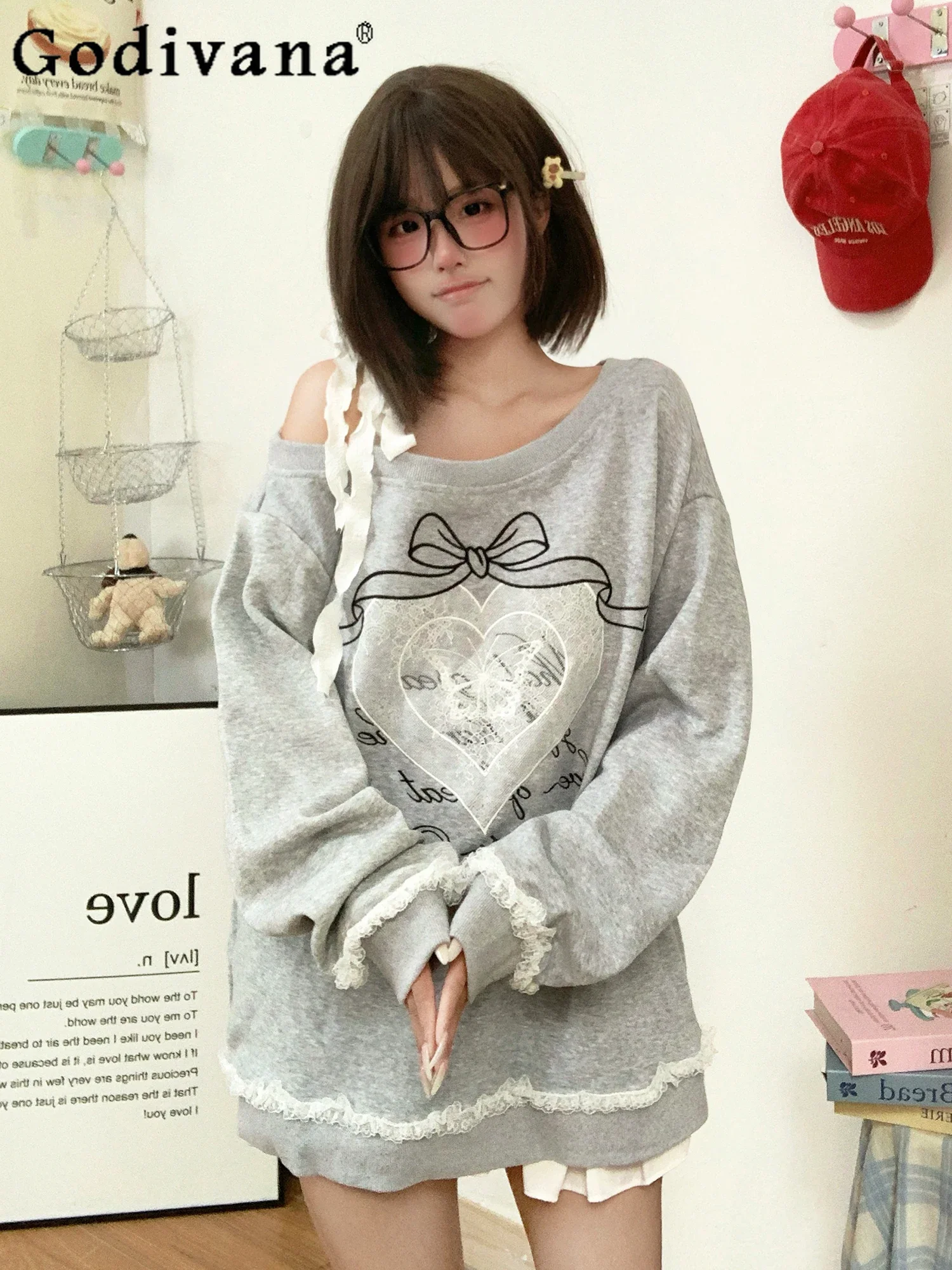 

Girly Sweet Kawaii Off -Shoulder Korean Fashion Letter Printing Student Hoodies Womens Loose Casual All-Match Gray Pullover Tops