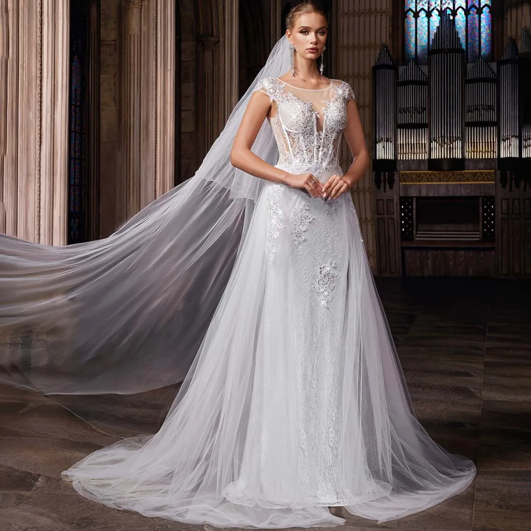 Vestidos formales de novia para iglesia, Vintage, brillante, manga casquillo, apliques de sirena, corsé con cuentas, vestido de noche, vestidos de boda para matrimonio