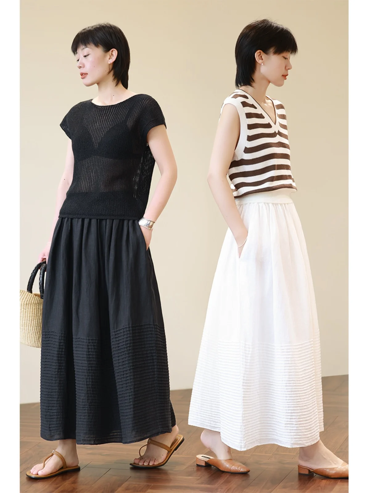 

Длинная юбка-блумер из плотного льна с высокой талией, А-силуэт, цвет белый, эффект стройности, модель Pear ape, коллекция Aosphere Sensation