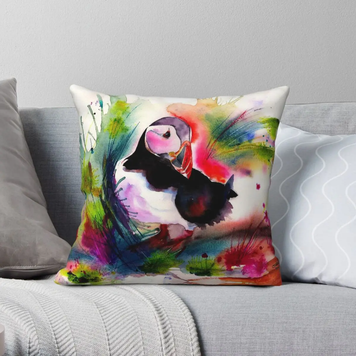 Puffin Watercolour Square Pillowcase Polyester Linen Velvet Pattern Zip Decor Throw Pillow Case Sofa Cushion Cover