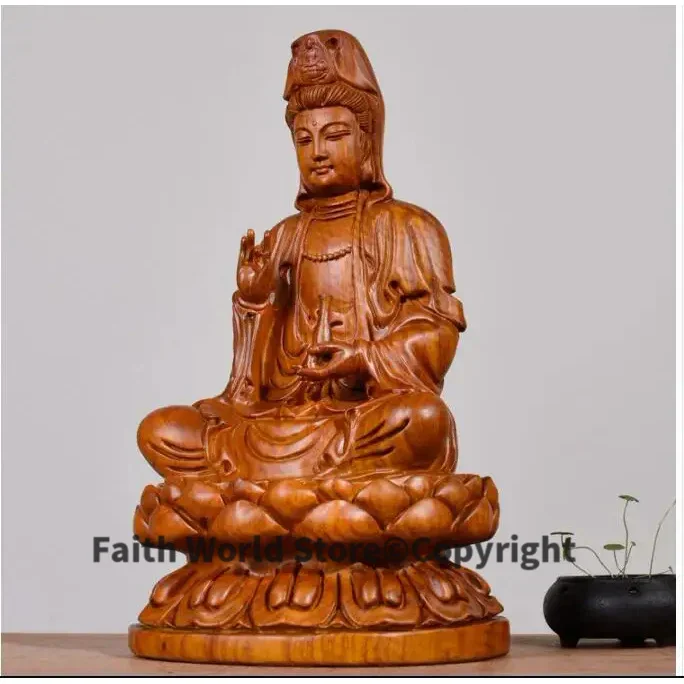 40CM Large --GOOD-HOME Temple Spiritual protection Bless family # Handmade Yellow pear wood carving Lotus Guanyin Buddha statue