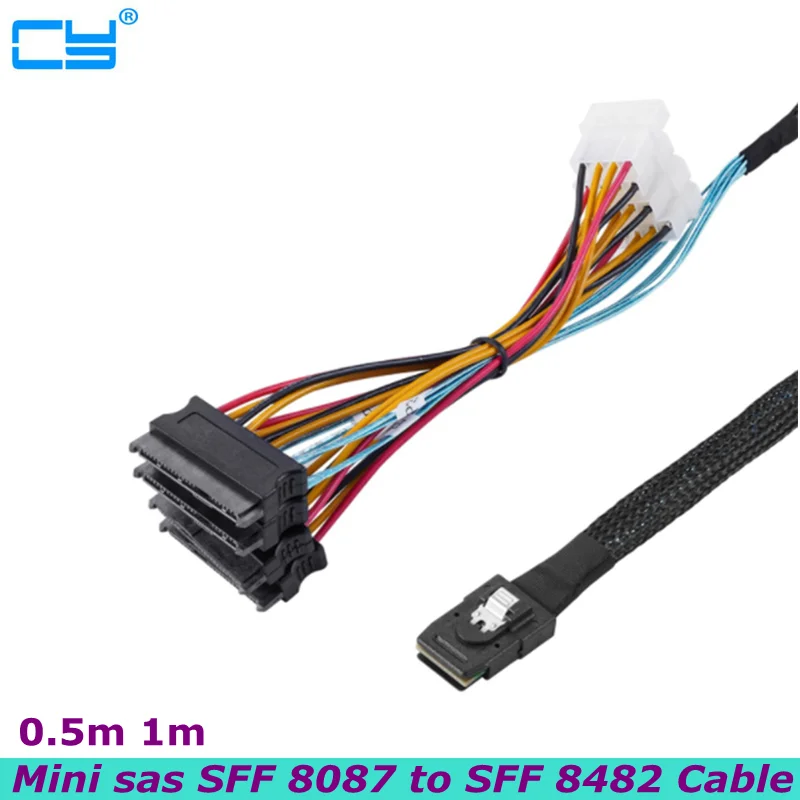 NEW 50cm Mini SAS Cable SFF 8087 to 4 SFF -8482 Large 4PIN 15pin Power Hard Disk Data Cable SFF-8087 Host to 4 SAS 29Pin Cable