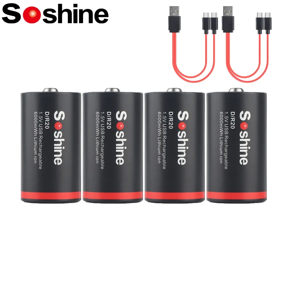 Soshine USB 6000mWh D baterie 1.5V bateria litowa 6000mWh litowo-jonowe akumulatory 1200 razy w cyklu dla kamer