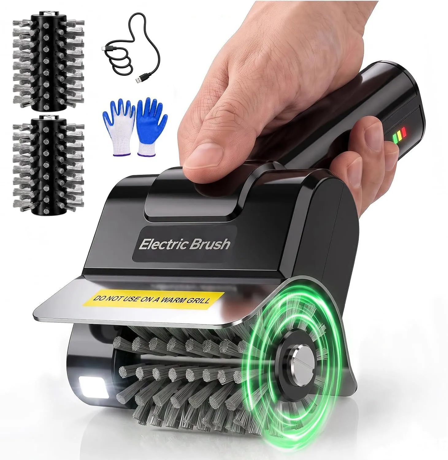 Electric Grill Brush with LED Light Rechargeable BBQ Grill Cleaner 3-5H Runtime 2 Heads Kit Camping Outdoor Grill Brush