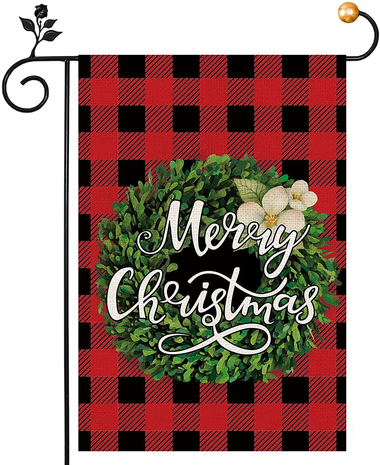 Merry Christmas Burlap Garden Flag, Red Black Buffalo Plaid Boxwood Wreath Yard Flag Double Sided, Winter Holiday Small Garden F