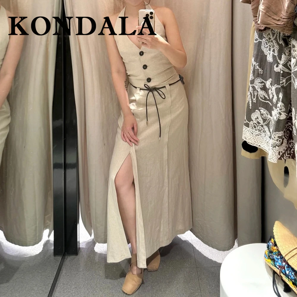 

KONDALA Chic Y2K 2025 Розовый праздничный пляжный женский костюм с застежкой на шее и пуговицами, тонкий топ + длинная юбка на шнуровке, плиссированный летний женский комплект