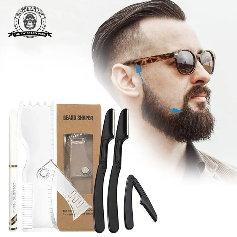 Beard Shaper Kit - Complete Shaping & Styling Tool - Adjustable Shaper, Razors, Barber Pencil - Beard Stencil Guide Template