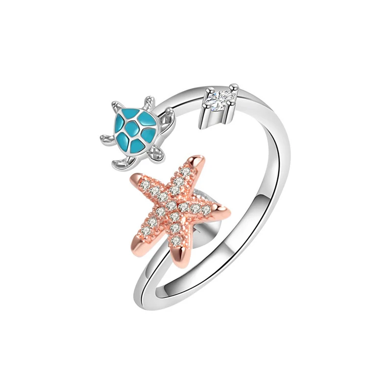 KOFSAC Cute Fashion Zircon Starfish Turtle Ring For Girl Creative Personality Rotating Rings 925 Silver Jewelry