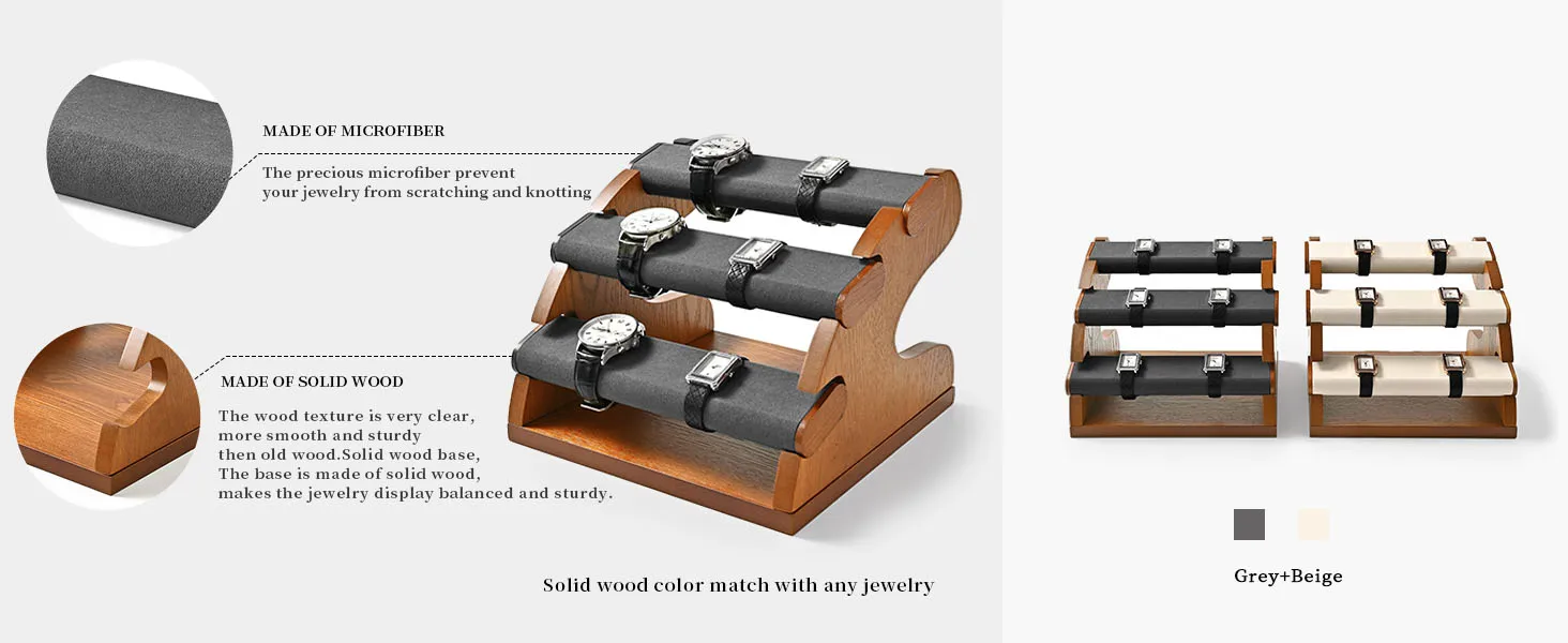Oirlv Holz-Uhrenständer Mikrofaser-Ring-Armband-Aufbewahrungshalter Schmuck-Organizer-Ständer Beige/Grau für die Aufbewahrung zu Hause – Detail 5