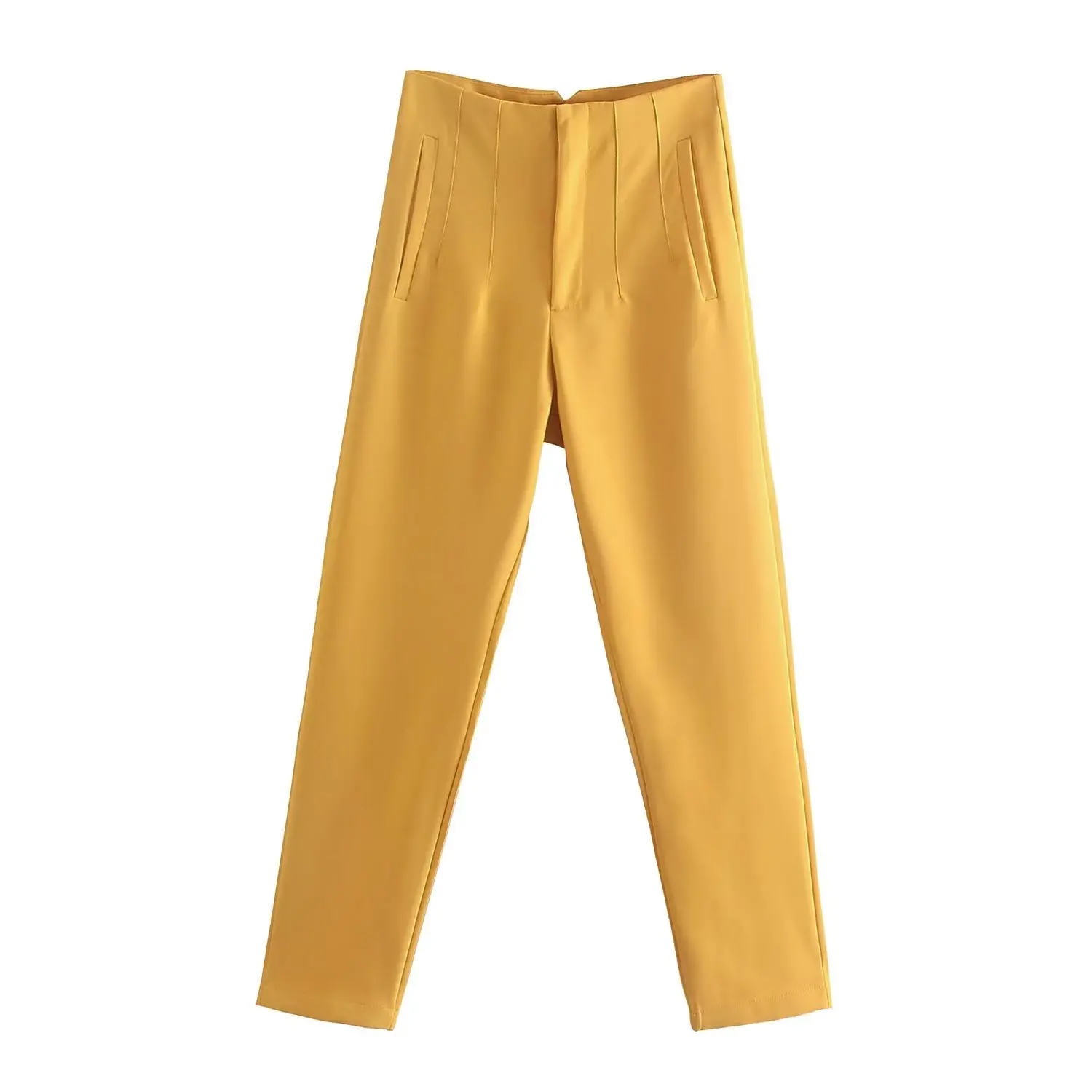 Straight Leg Pants High Waist Full Length Vintage Trousers for Women - Yellow