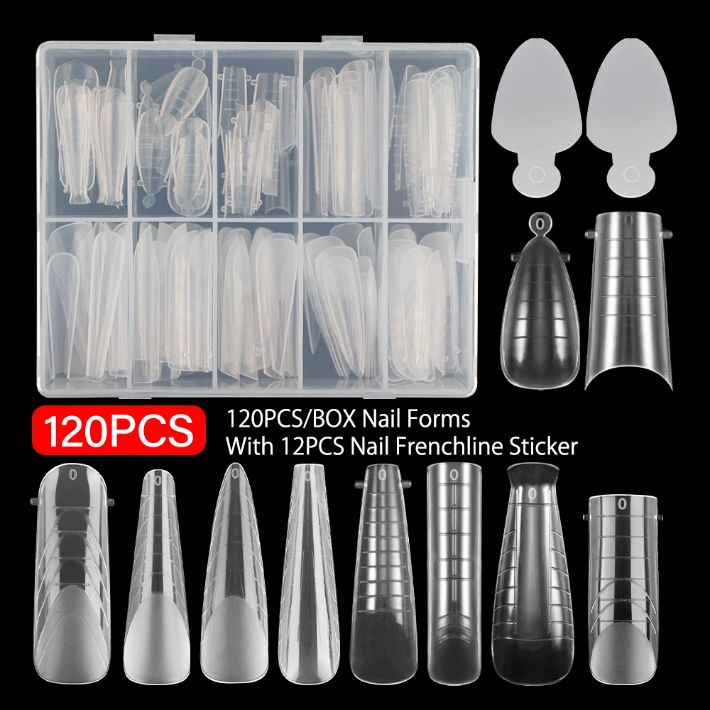 

120PCS NEW Nail Extension Mold 12Pcs French Line Sticker For Dual Form False Nail Tips Quick Building Mold Kit Top Form For Nail