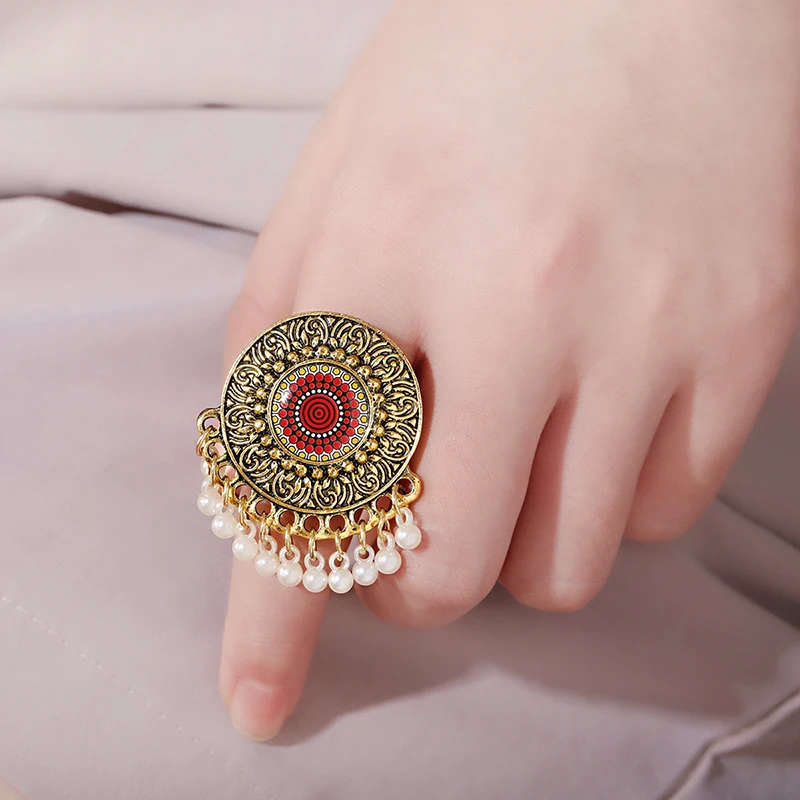 Vintage Big Gold Color Rings Women Engraved Red Flower Pattern Retro Bells Party Female Finger Ring Wedding Indian Jewelry