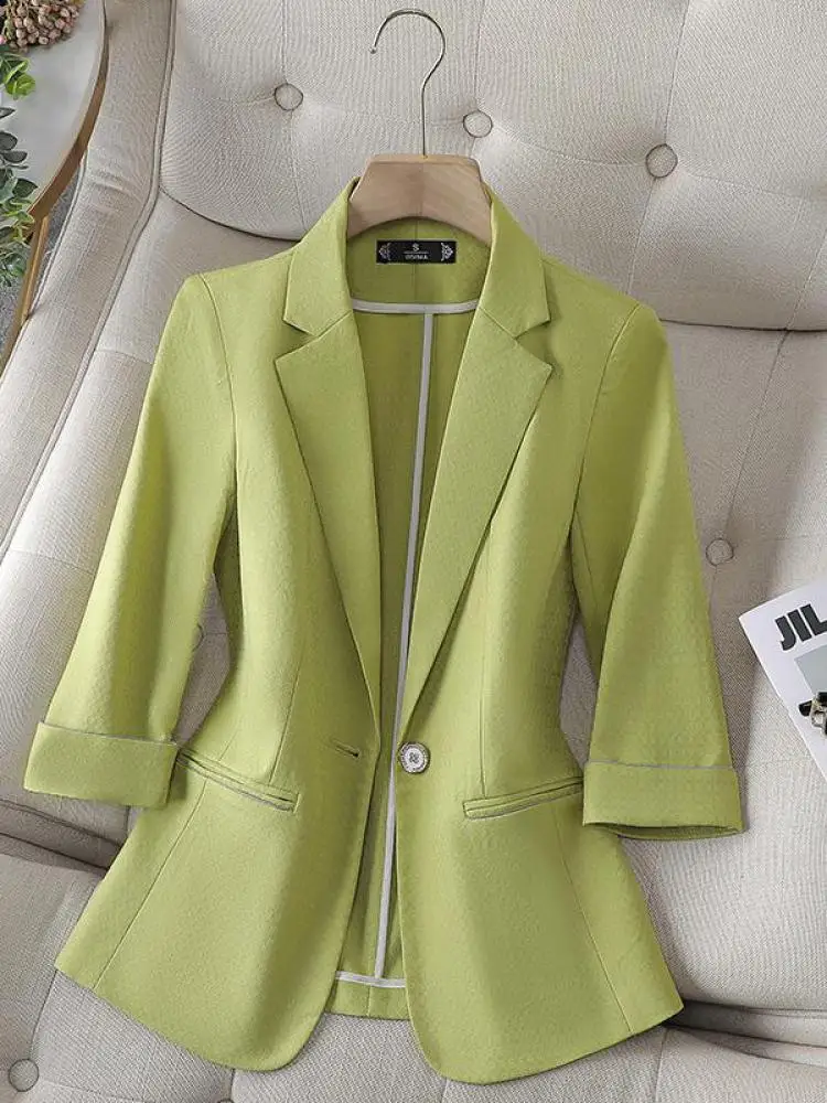 

Spring Autumn Black White Print Elegant Seven Quarter Sleeve Blazer Coat Women New Green Office Jackets Casual Clothing Fashion