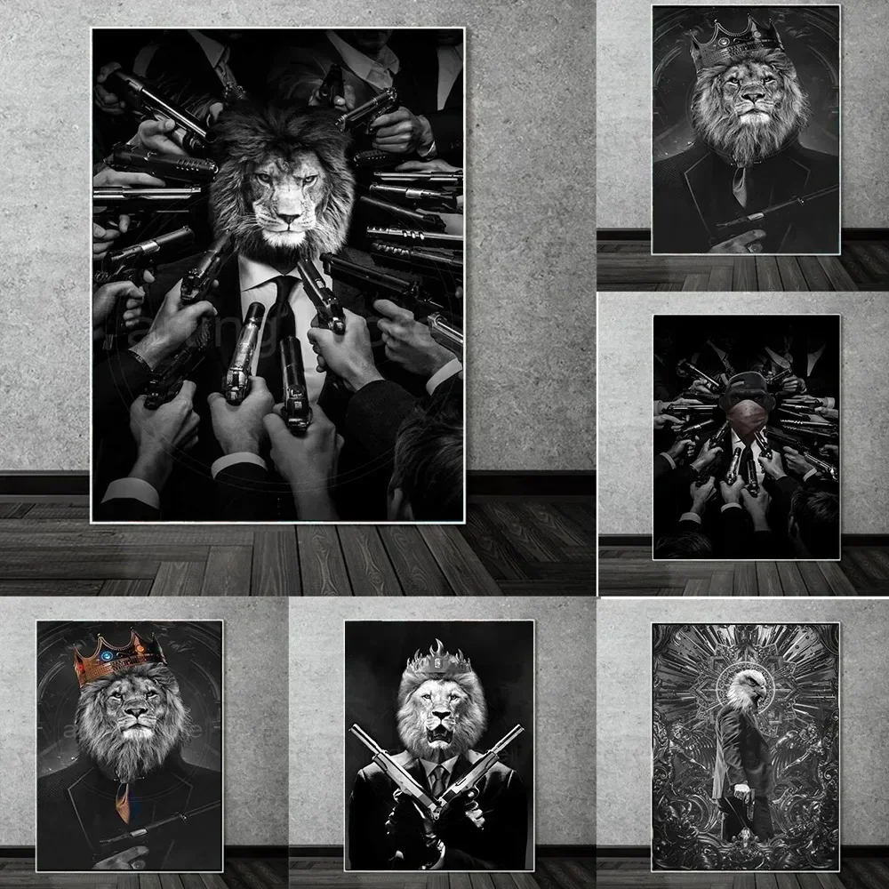 أبيض وأسود جون ويك الأسد القاتل مثيرة للاهتمام حائط لوح رسم الفن المافيا الحيوان بندقية طباعة ديكور المنزل