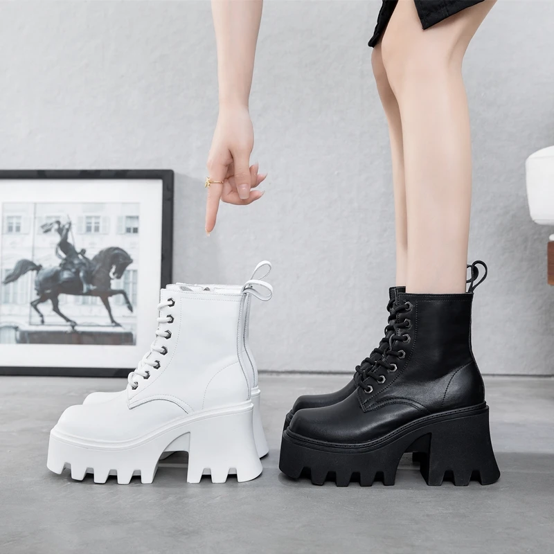 Women High Heel Boots 2024 Winter Square Toe Short Boots Women Genuine leather Thick Bottom British Style Ladies Marton Boots