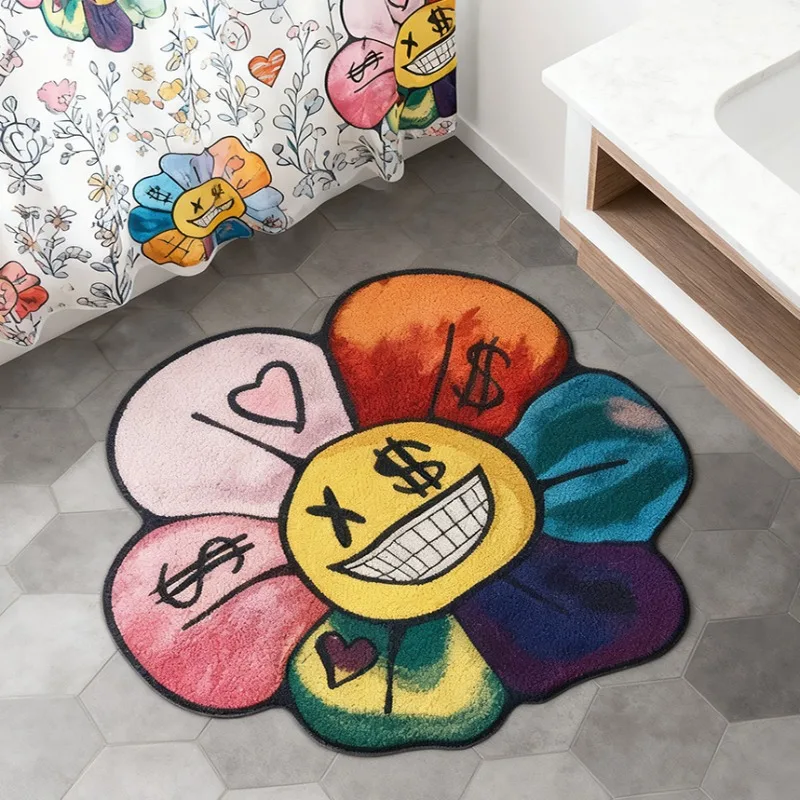 Sunflower Rug with Dollar Sign Eyes Grinning Face American Street Gradient Color Flower Shaped Carpet for Living Room Bedroom