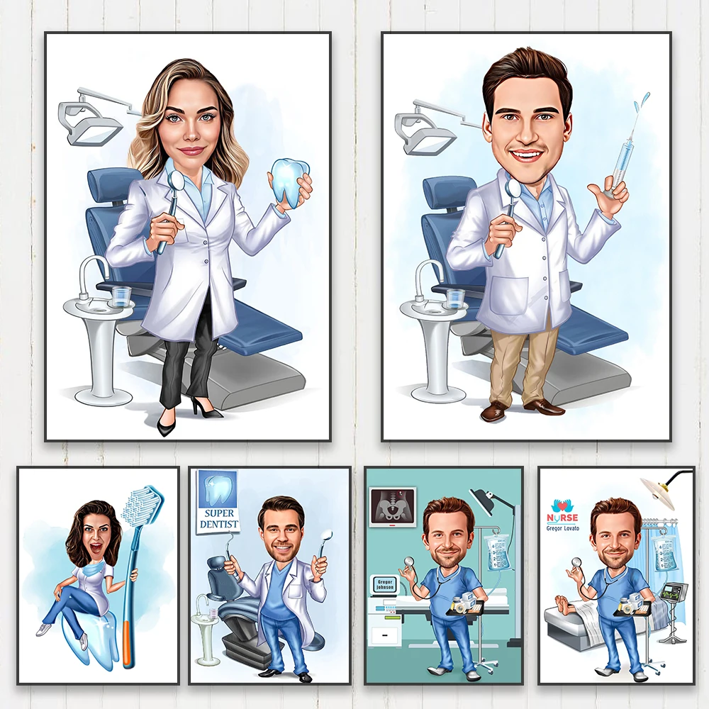 Personalized Super Dentist Cartoon Portrait Poster Custom Dentist Caricature Canvas Painting Prints Gift for Dentist Doctor