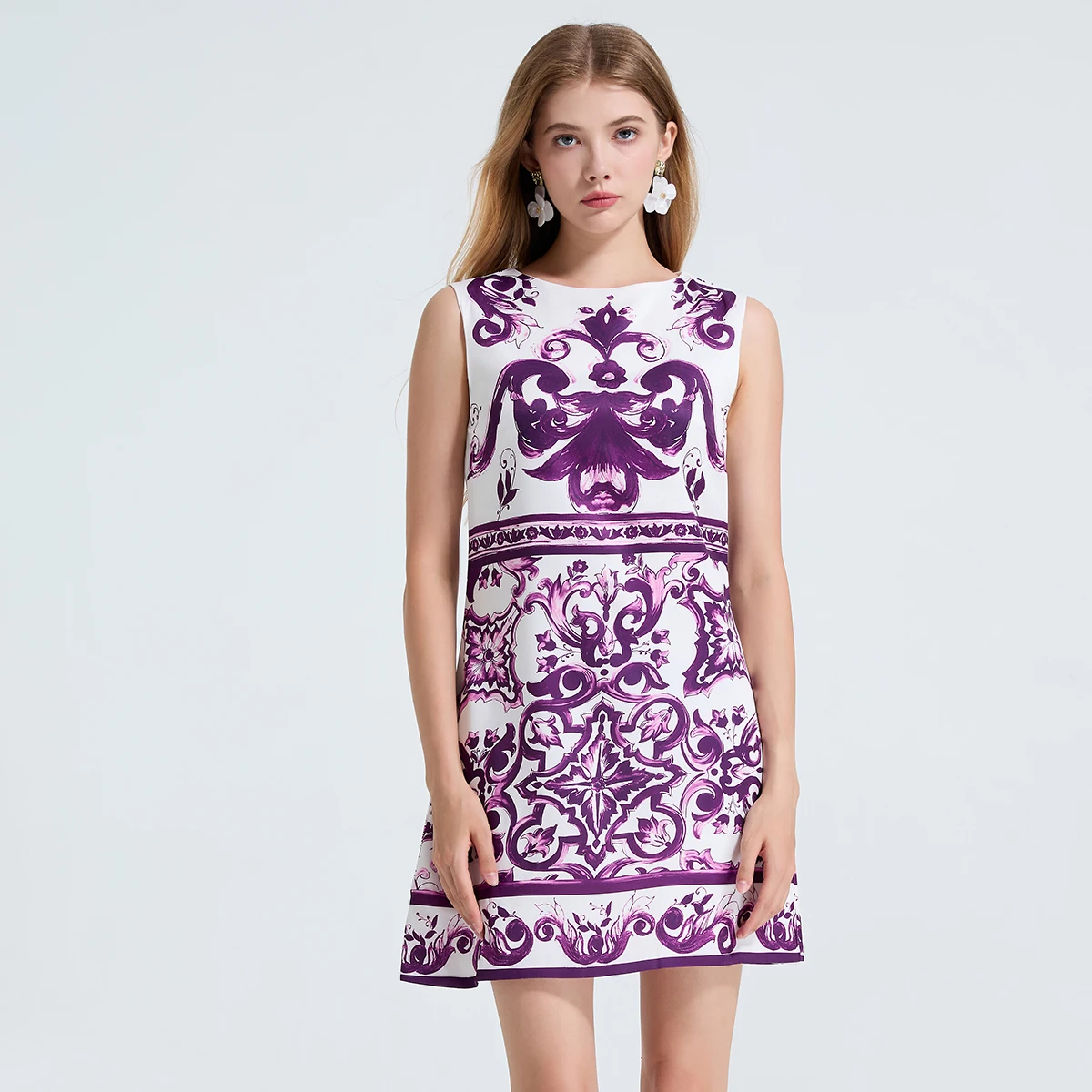 Wein Woman Lady Vrouwelijke bedrukte mouwloze jurk met hoge taille en slim fit rok met ronde hals Paarse porseleinen jurken mini