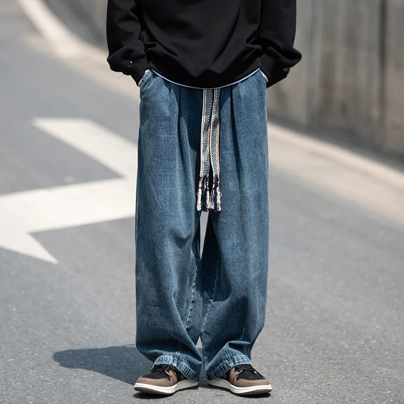 

Streetwear Men Vintage Baggy Jeans Large Size Straight Loose Cylinder Casual Wide Leg Pants High Street Mopping Denim Trousers