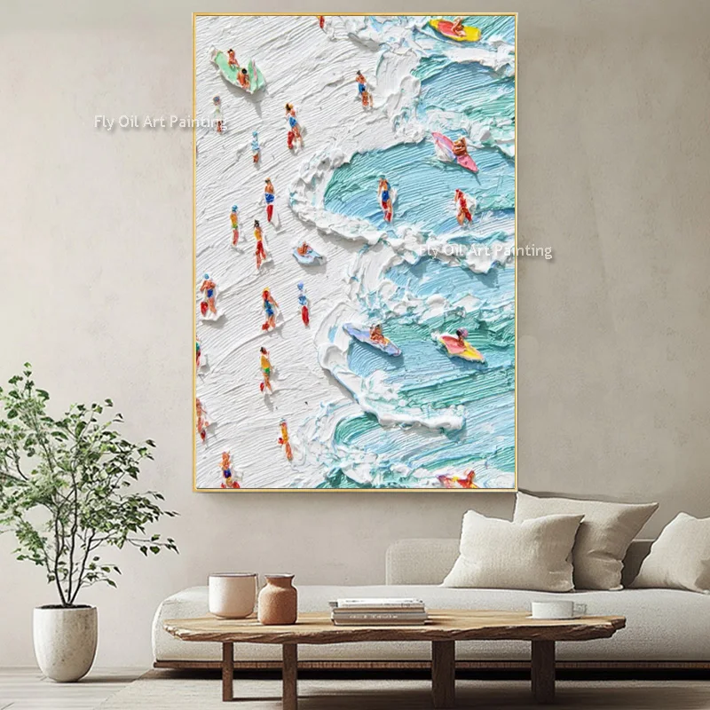 

Light Blue White Seaside Landscape Oil Painting Handmade New Seascape People Play By The Sea Canvas Wall Art For Room Decor