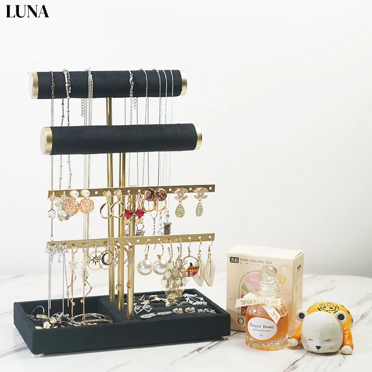 Luxury Gold Black Jewelry Display Stand, Multi-Layer Necklace Earring Holder Rack, Elegant Organizer for Store Counter & Home Va