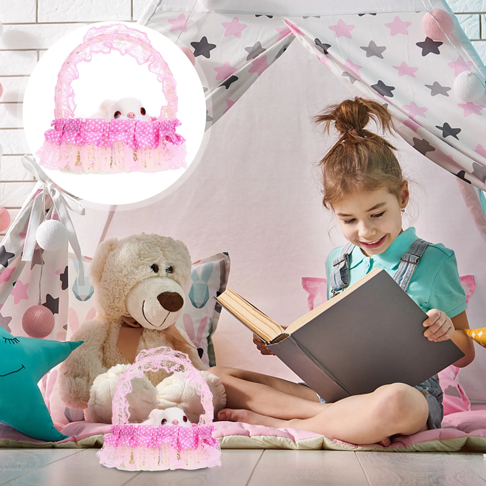 

1Pcs Bamboo Basket Rabbit Adornment Decorative Ornament Children Gift Lovely Rabbit Decoration Home Decor Photography Scene