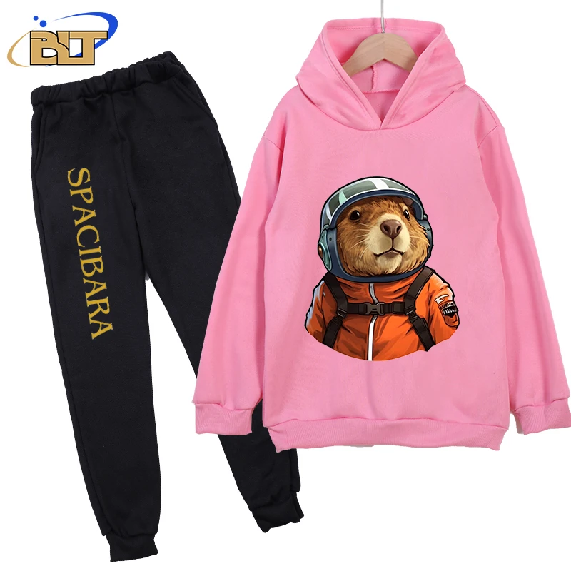 Capybara astronaut print kids hoodie set pink sweater pants 2-piece set autumn and winter children's clothing for girls