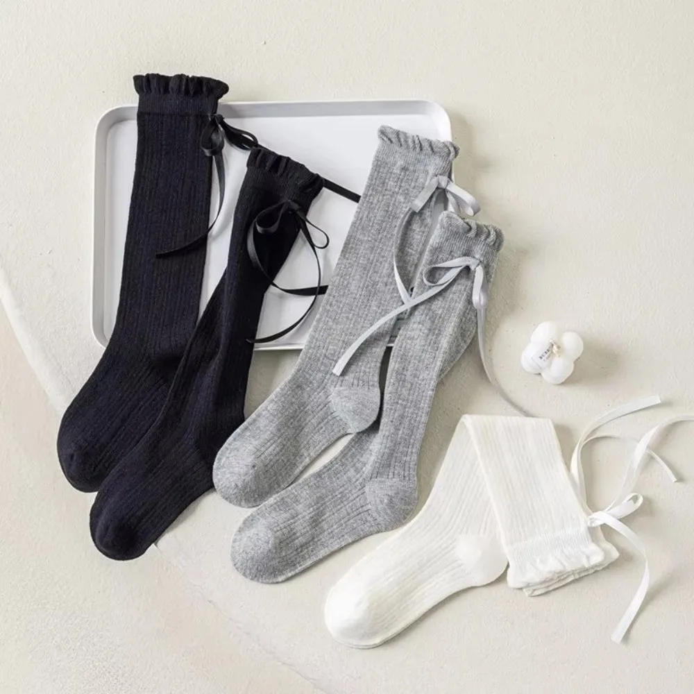 1 Pair Bow Design Mesh Kids Long Socks Solid Color Thin Children's Calf Sock Long Length Soft Baby Girl Socks Spring Summer