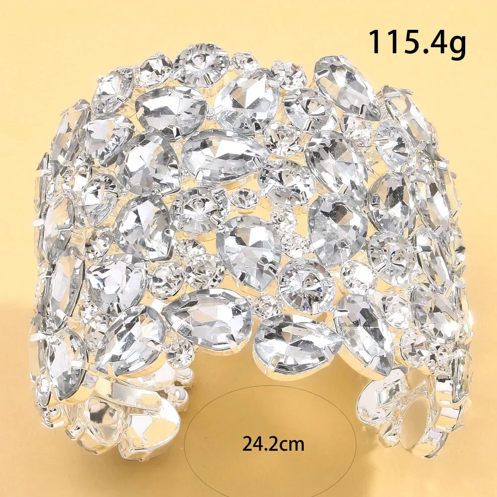 Oversize Geometric Open Bangle for Women Wrist Decoration Fashion Gift Statement Crystal Cuff Bracelet Hand Jewelry Rhinestone