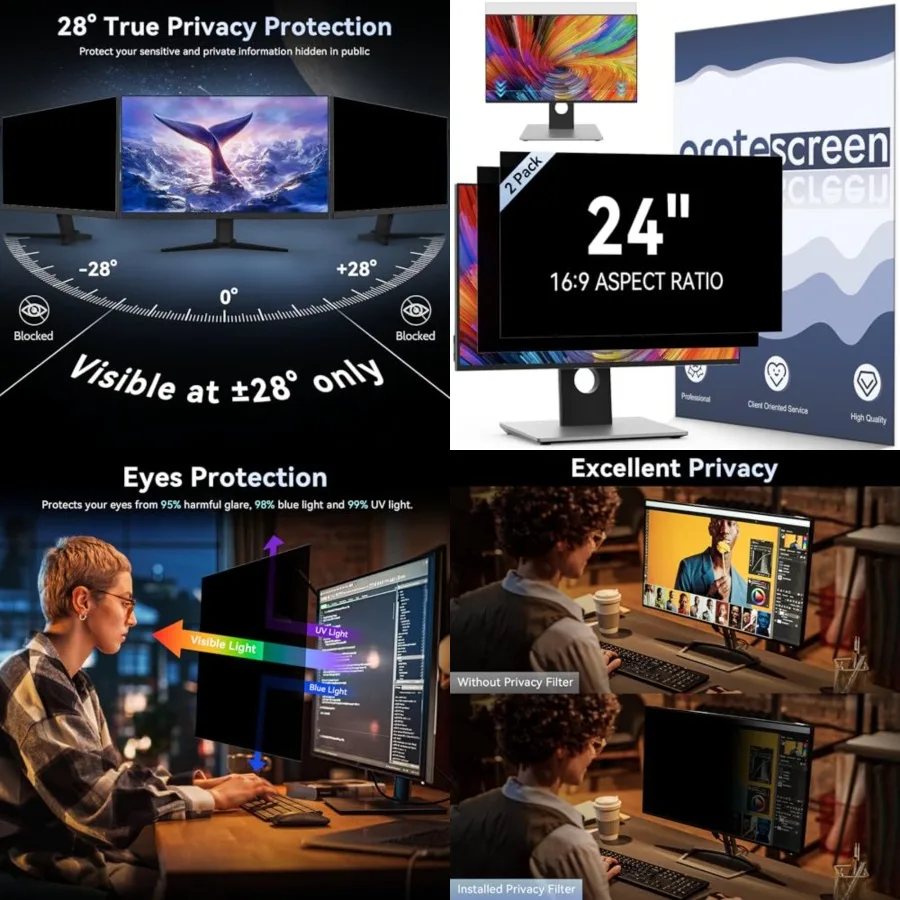 

[2-Pack] 24 Inch Computer Privacy Screen Filter for 16:9 Widescreen Monitor, Removable Eye Protection Anti Glare Blue Light Filter Privacy Shield, Anti Spy Screen Protector Film 24 in