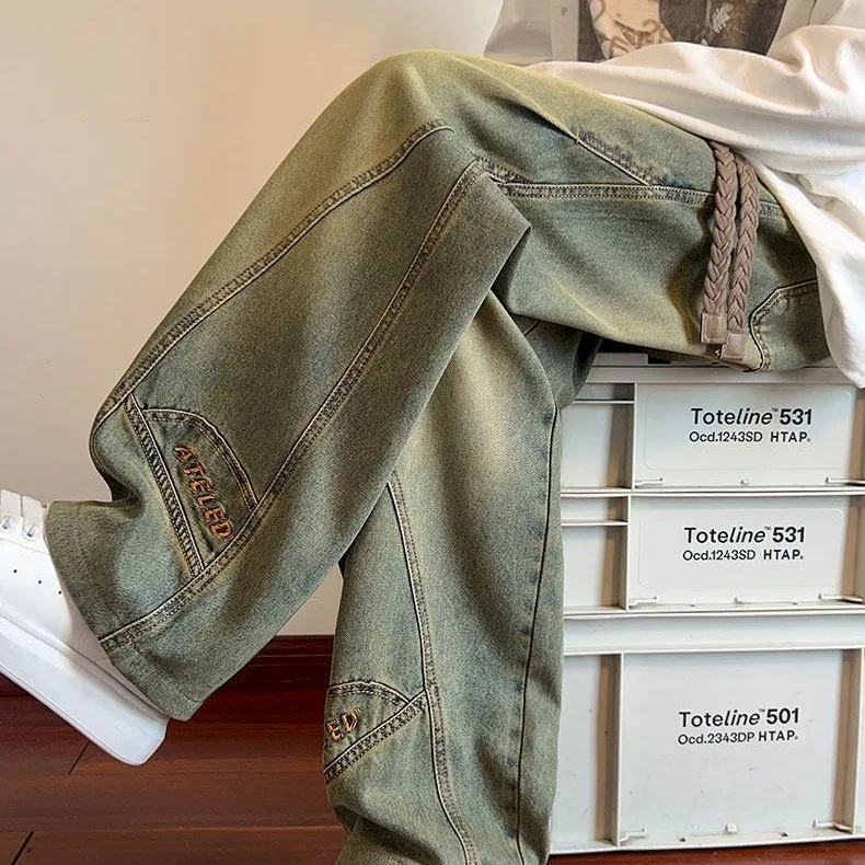 

Джинсы свободного кроя с широкими штанинами, джинсовые джинсы с вышивкой, мужские и женские осенние повседневные брюки High Street Sle