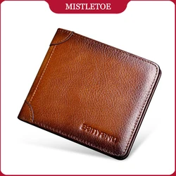 RFID Protection Man Short Trifold Wallet Horizontal Cowhide Genuine Leather Money Clip Purse for Men Gifts