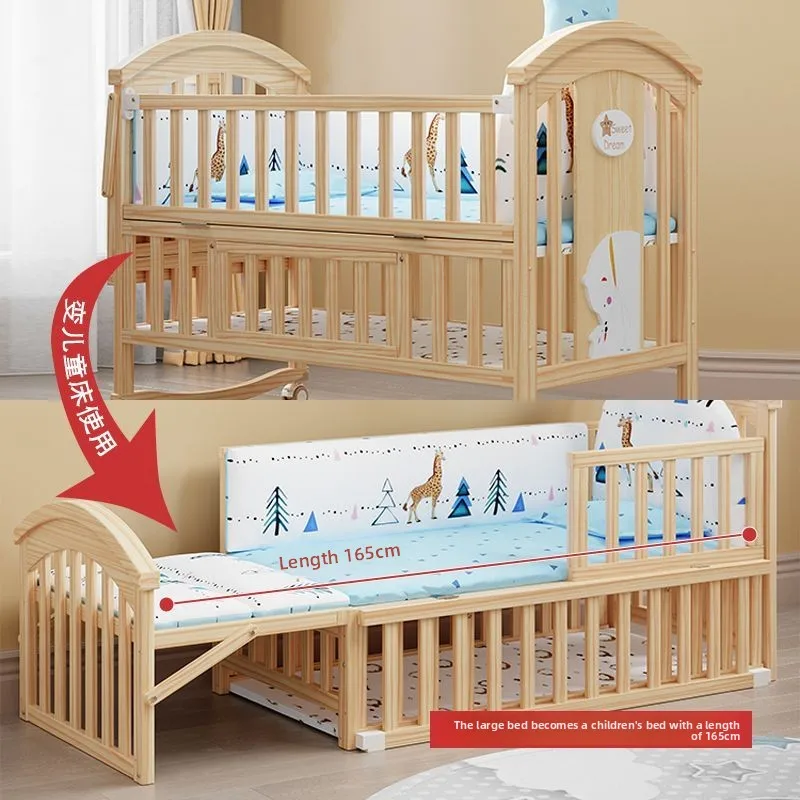 Ruibao Solid Wood Crib Unpainted Newborn Baby Cradle Multi-Functional Movable Widened Children's Splicing Bed Infant Sleeping
