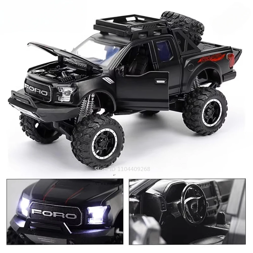 1:32 Scale Raptor F-150 BigFoot Pickup Car Model Toy Pull Back Sound&Light Off Road Truck Models Collection Gifts For Kids
