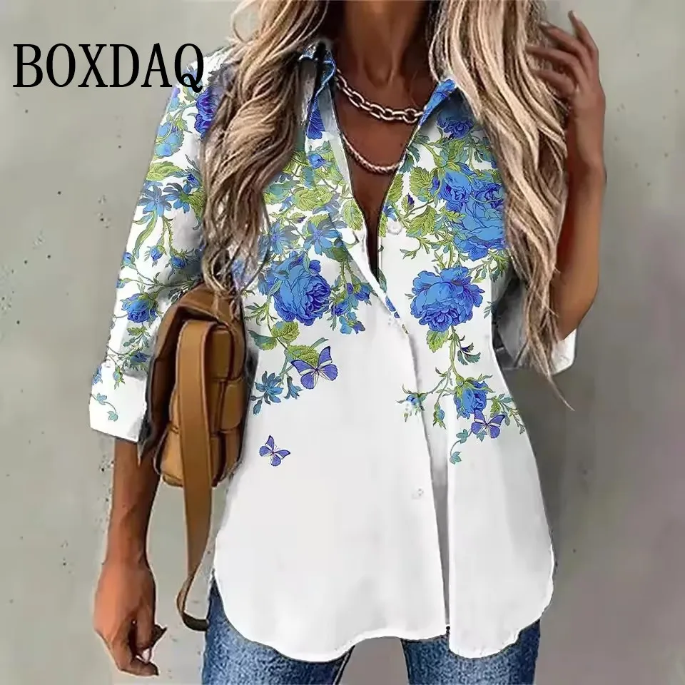 

Summer Women'S Shirt Floral Print Top Lapel Long Sleeved Clothing Women'S Shirt Casual Large Button Shirt Blouse Ladies Clothing