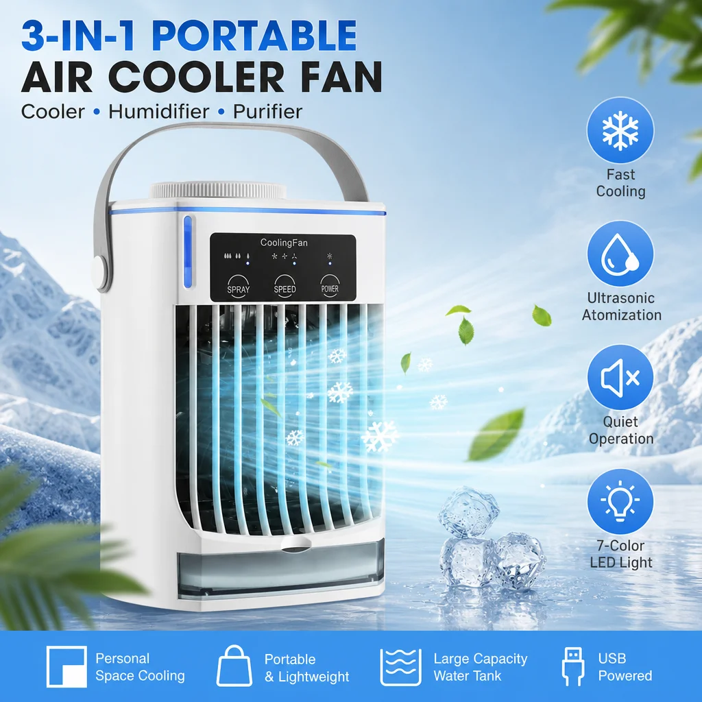 Climatiseur portable à air froid, refroidisseur évaporatif, mini ventilateur de table USB, ventilateur de climatisation de bureau, humidificateur