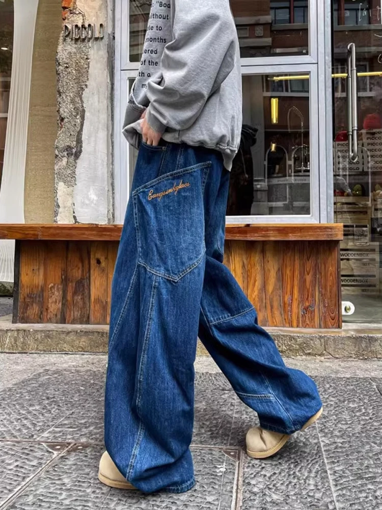 

Темно-синие мужские широкие джинсы, весенне-осенние свободные прямые брюки-ножи, модные длинные брюки High Street, хлопковые джинсовые джинсы