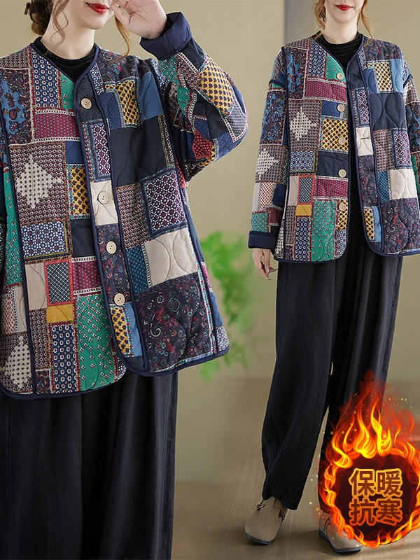 

Ретро корейский японский большой размер женский хлопковый тюре свободное повседневное пальто с ромбовидным узором зимняя верхняя одежда