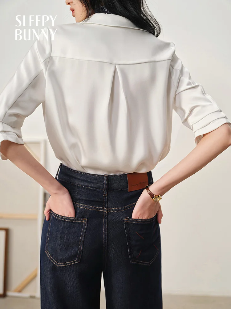 Elegant Satin Blouse for Women French Style White Shirt with Pocket Summer Office Wear Top for Slim and Chic Daily Commute Look