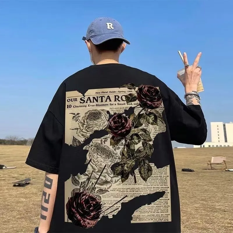 【Plus Size M-8XL】Loose Fitting Fashionable American Vintage Newspaper Rose Printed T-shirt image 2