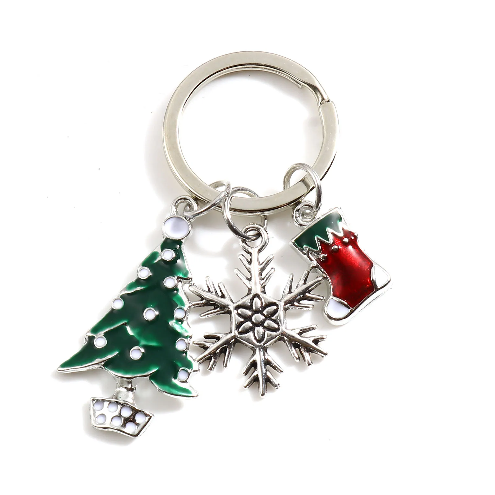 Keychain & Keyring Silver Color Red & Green Christmas Tree Christmas Stocking Snowflake Xmas Jewelry 6.1cm(2 3/8